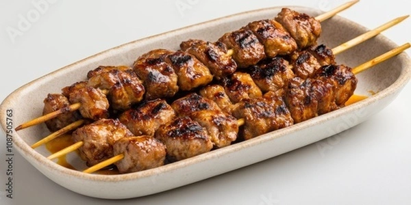 Fototapeta Delicious pork satay displayed in a dish against a clean white background, showcasing the appealing presentation of pork satay, perfect for culinary enthusiasts and food lovers alike.