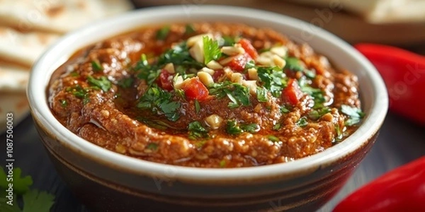 Obraz Delight in the rich flavors of Muhammara, a walnut and roasted paprika dip, served with pita and red pepper, perfect for a healthy vegan breakfast inspired by Middle Eastern cuisine.