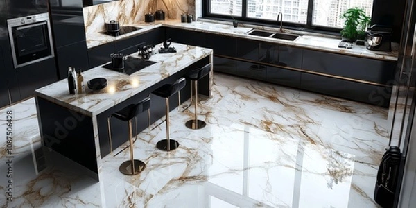 Obraz Natural stone marble background featuring a luxurious kitchen floor and worktop counter, ideal for enhancing interior designs with elegant natural stone marble elements.