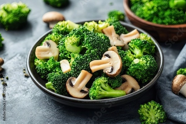 Fototapeta Tumis brokoli jamur. Mushroom broccoli stir fry is a dish consisting of broccoli, tofu and mushrooms, cooked by sauteing. Served on a plate. Selective focus