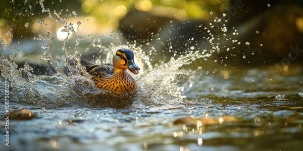 Obraz Wild drake enjoying a refreshing bath in the river, creating splashes as it plays. Witness the beauty of a wild drake splashing in the serene river waters.