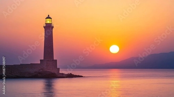 Obraz lighthouse in the sea while sunrise / sunset 