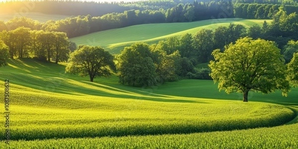 Obraz Serene summer landscape showcasing a vibrant green field and lush trees, creating a picturesque summer landscape perfect for nature enthusiasts and outdoor lovers.
