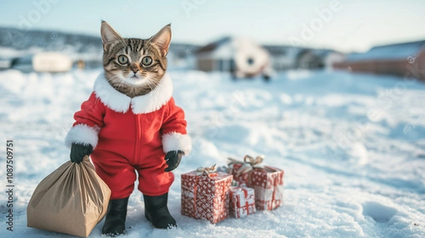 Fototapeta A kitten dressed as Santa Claus, complete with black boots, standing in the snow holding a bag of gifts.
