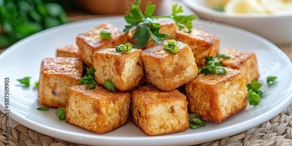 Fototapeta Delicious fried tofu served on a white plate, showcasing the crispy texture and appealing presentation of fried tofu. Perfect for food lovers seeking fried tofu inspiration.