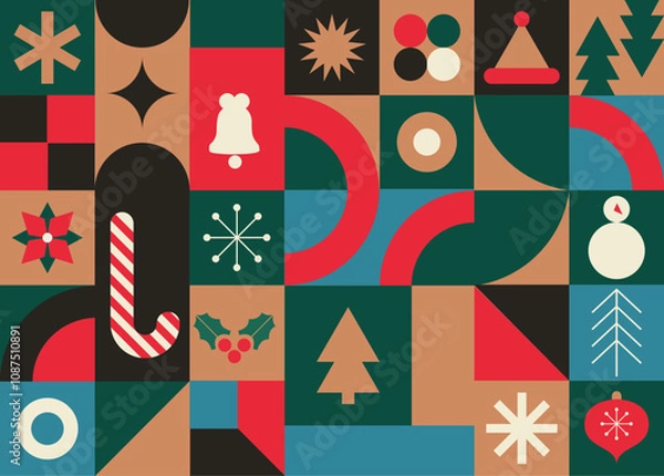 Fototapeta Advent Calendar, Merry Christmas poster, printable template with Xmas elements in modern minimalist style. Vector illustration and concept design.Holiday season, Trendy, contemporary abstract design. 