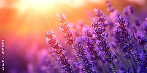 Obraz Lavender flowers bloom vibrantly as the sun sets over a summer field. A bunch of fragrant lavender flowers creates a stunning scene in expansive lavender fields, showcasing their beauty and scent.
