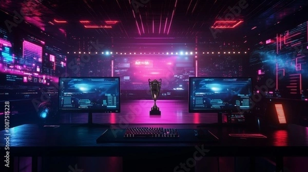 Fototapeta A silver trophy sits on a table with two monitors and a keyboard in a neon-lit esports arena