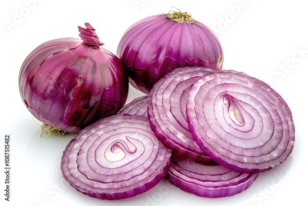 Fototapeta Sliced Onion. Fresh Red Onion Rings, Vegetable Ingredient on White Background