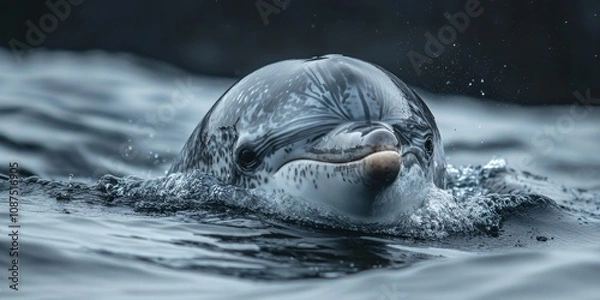 Obraz Risso s Dolphin, known scientifically as Grampus griseus, showcases its unique features in the water. This captivating Risso s Dolphin exemplifies the beauty of marine wildlife.