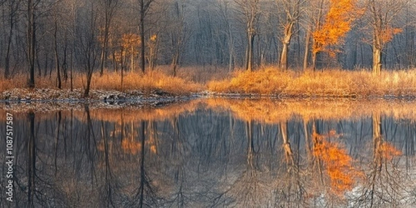 Fototapeta Fall reflection of mostly leafless trees showcases the beauty of winter. This serene fall reflection highlights the stillness and elegance of nature during the winter season.