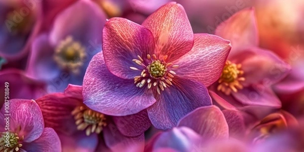 Fototapeta Lenten rose flowers, known scientifically as Helleborus, display their unique beauty. These Lenten rose blooms are captivating and add charm to any garden with their distinct appearance.