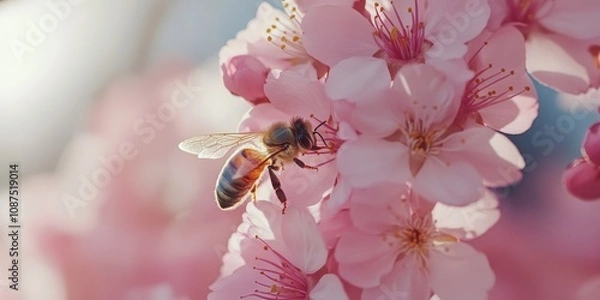 Obraz Blooming sakura in early spring showcases a bee on a cherry flower. This bee actively pollinates flowers during spring, highlighting the beauty of blooming sakura in stunning macro detail.
