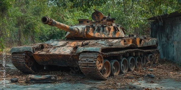 Obraz Damaged tank belonging to Tamil Tiger terrorists, showcasing the remnants of conflict. This destroyed tank reflects the intense struggles experienced during the turbulent times.
