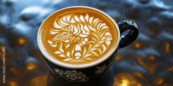 Obraz Cappuccino featuring a stunning cup of coffee art inspired by Africa, with intricate designs created in the milk foam of the cappuccino, showcasing creativity in every cup of coffee.