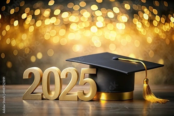 Fototapeta Celebrate Graduation 2025 with Stylish Gold Numbers and Classic Black Mortarboard Cap for Achievement and Future Success