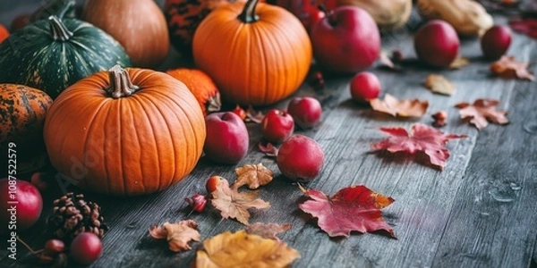 Fototapeta Thanksgiving pumpkins arranged with diverse fruits and scattered falling leaves create a festive atmosphere on a rustic wooden table, embodying the spirit of Thanksgiving charm and warmth.