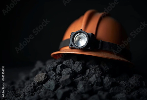 Fototapeta Helmet and Headlamp on Coal Pile Representing Mining Industry