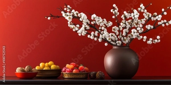Obraz Vase featuring blooming branches alongside a container of nuts and candied fruits, all set for a festive celebration inspired by traditional customs. Celebrate with the vibrant vase and treats.