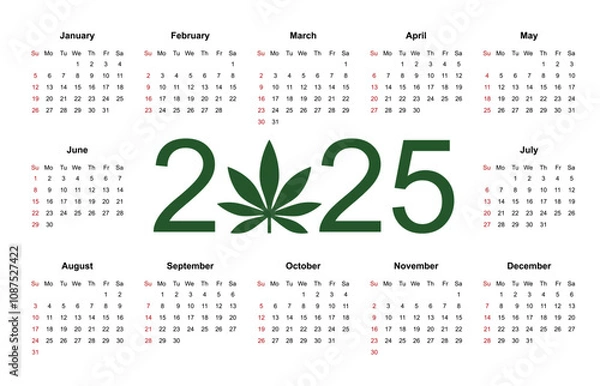 Fototapeta Marijuana calendar for 2025. Medical Cannabis. Simple Vector Template. Isolated vector illustration on white background.