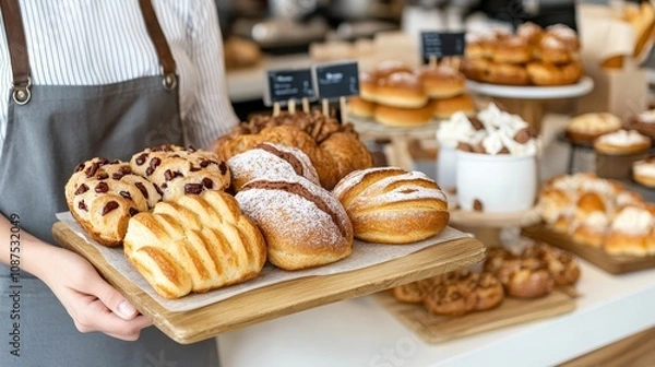Fototapeta Coffee and bakery bistro elegance minimalistic decor with soft textures artisan pastries with intricate designs coffee in hand held close for warmth inviting setup, Photorealistic