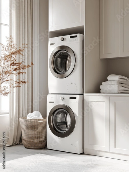 Fototapeta Sleek white washing machine and dryer in a minimalist, sunlit laundry room lined with soft, neutral tones.