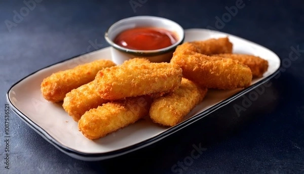 Fototapeta A gourmet presentation of air fryer mozzarella sticks, with a crunchy golden coating, served with a side of marinara sauce
