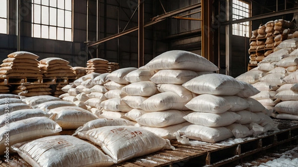 Obraz Sugar in a Warehouse. Bags of sugar. Big food warehouse filled with sacks of sugar. Factory of sugar beets