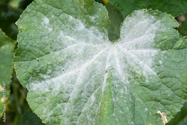 Obraz Powdery mildew on cucumber leaves.