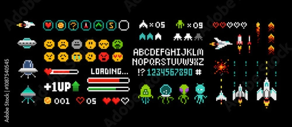 Fototapeta Pixel Art 8 bit arcade game elements with icons and font alphabet. Ufo aliens, space ships, rockets, . Vintage 8 bit computer game. Retro video game sprites. Pixelated Space arcade. Vector template