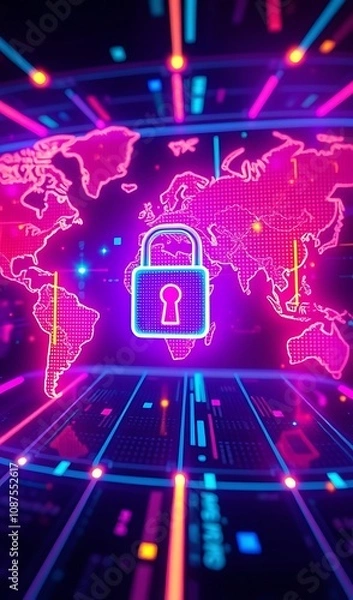 Obraz Global Cybersecurity: Neon 3D Render of a Digital World Lock. AI Generated