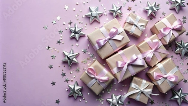 Fototapeta A Festive Arrangement of Wrapped Gifts Adorned with Delicate Pink Ribbons and Sparkling Silver Stars on a Pastel Pink Background