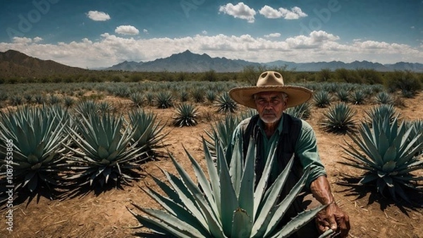 Obraz Hispanic man in a rural setting with agave fields for artisanal mezcal production.