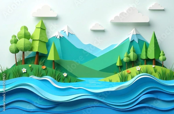 Fototapeta This artwork showcases a colorful layered design of mountains, trees, and a river, creating a serene natural view