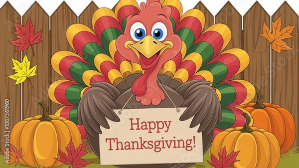 Obraz Turkey illustration with holding a sign that says 'Happy Thanksgiving!'. There are autumn leaves and pumpkins scattered around the turkey illustration, generative ai