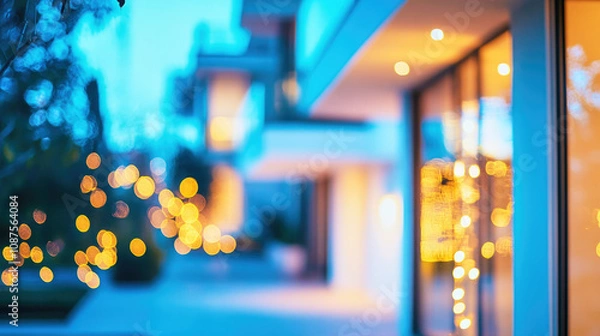 Fototapeta Abstract modern smart house exterior with illuminated security in warm evening light