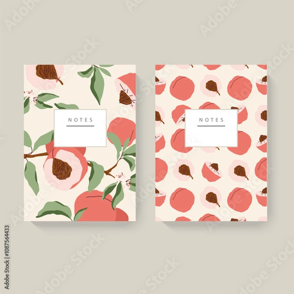 Fototapeta Two illustrated notebooks with peach patterns on a light beige background. Minimalist design with a white header for text. Concept of stationery