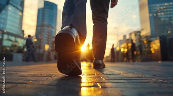 Fototapeta A businessman walks confidently towards the sunset in an urban setting.