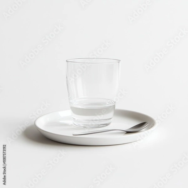 Fototapeta A simple glass of water on a plate with a spoon, emphasizing minimalism and functionality.