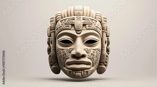 Obraz Intricately detailed ancient stone mask with tribal patterns and symmetrical design, inspired by Mesoamerican art, showcasing a solemn expression and abstract carvings.