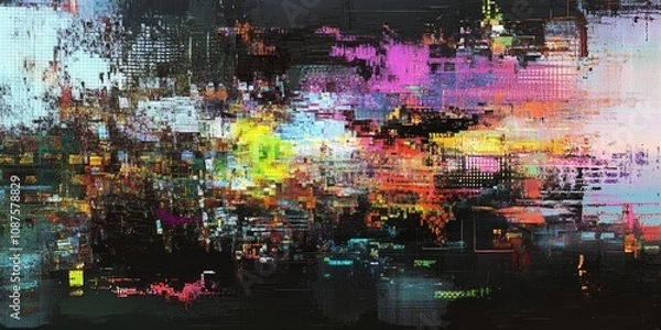 Fototapeta Abstract art showcasing the effects of technology and noise, featuring pixel distortion and computer errors. This modern display captures the essence of broadcasting and electronic signal damage.
