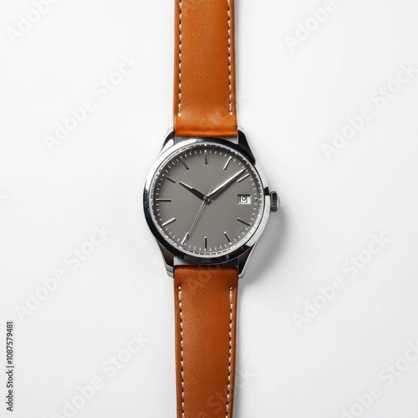 Fototapeta A stylish watch with a gray face and brown leather strap, showcasing elegance and functionality.