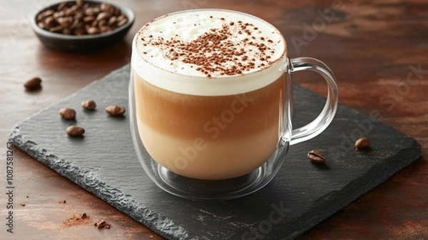 Fototapeta A frothy almond milk latte in a transparent mug, sprinkled with cocoa powder, on a rustic slate board