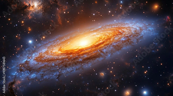 Obraz A stunning view of a spiral galaxy glowing with bright colors and surrounded by countless stars in deep space at night. Generative AI