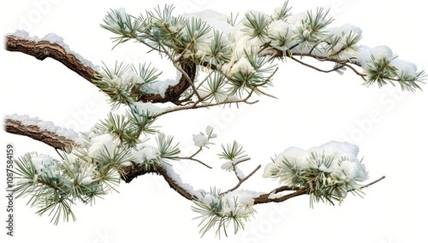 Fototapeta A snow-covered pine branch, in the style of traditional painting