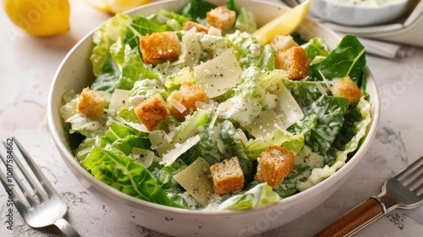 Obraz A classic Caesar salad with crisp romaine lettuce, creamy Caesar dressing