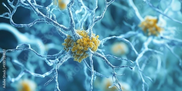 Obraz Alzheimer s disease involves the pathological phosphorylation of Tau proteins, leading to disintegration of microtubules in an axon and aggregation of Tau proteins, impacting neuronal function.