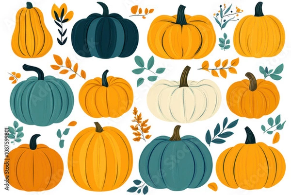 Fototapeta Decorative pumpkins in different shapes and colors with leaves on light background
