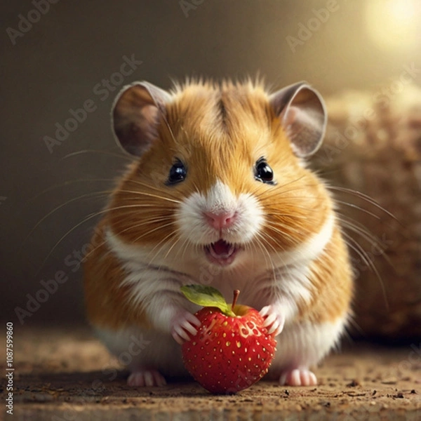 Obraz A cute golden hamster sits contently on a wooden surface, holding a juicy strawberry in its paws. The warm light highlights its fluffy fur and cheerful expression. Generative AI