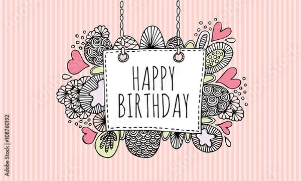 Fototapeta Happy birthday Doodle Vector Lineart with Pink Stripe Background